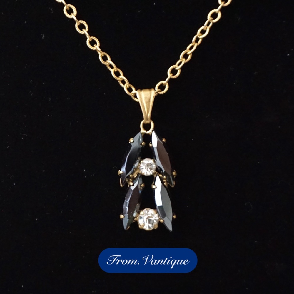 💎 VINTAGE Gatsby Black & White Crystal Pendant + Gold Necklace 📿